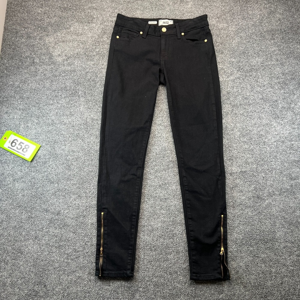 PAIGE Jeans Womens 27 Black Denim Stretch 5-Pocket Design Ankle Zip Skinny Leg